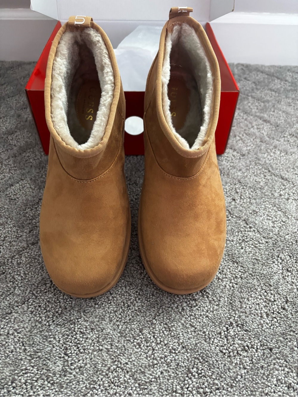Guess Women's Camel/Tan Faux-Suede Shearling Slip-On Booties